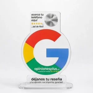 Expositor NFC para Reseñas en Google My Business listo para Usar .Vista frontal limpia de un soporte técnico contactless en metacrilato con el logotipo de Google para captar valoraciones y reseñas positivas.