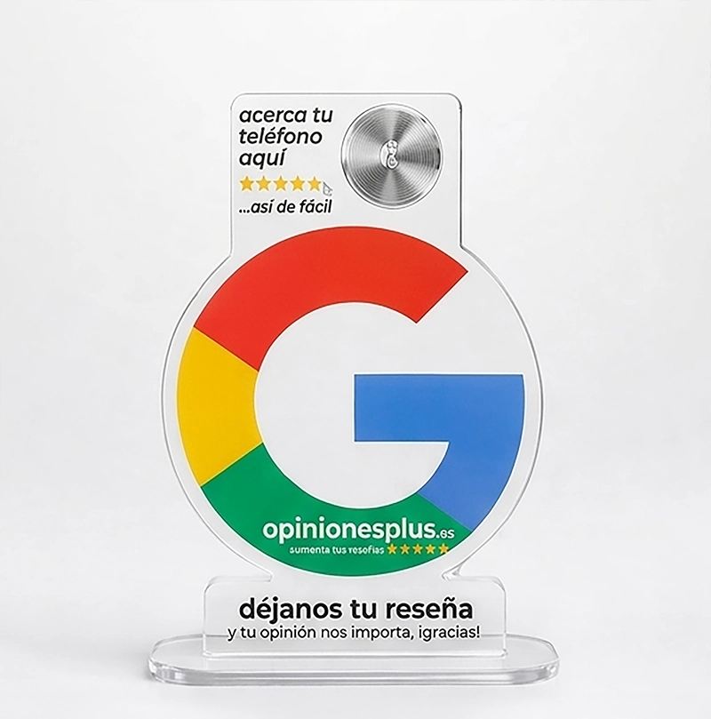 Expositor NFC para Reseñas en Google My Business listo para Usar .Vista frontal limpia de un soporte técnico contactless en metacrilato con el logotipo de Google para captar valoraciones y reseñas positivas.