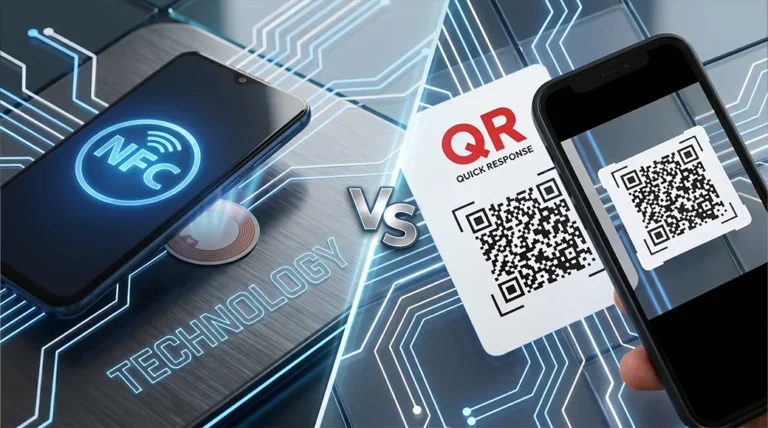 NFC vs QR Reseñas Google My Business: El Veredicto Definitivo. Infografía comparativa que muestra un smartphone sobre una etiqueta NFC (izquierda) y otro escaneando un código QR (derecha), comparando ambas tecnologías.