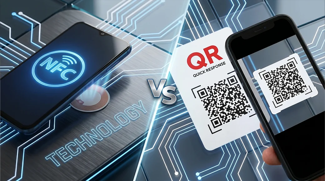 NFC vs QR Reseñas Google My Business: El Veredicto Definitivo. Infografía comparativa que muestra un smartphone sobre una etiqueta NFC (izquierda) y otro escaneando un código QR (derecha), comparando ambas tecnologías.