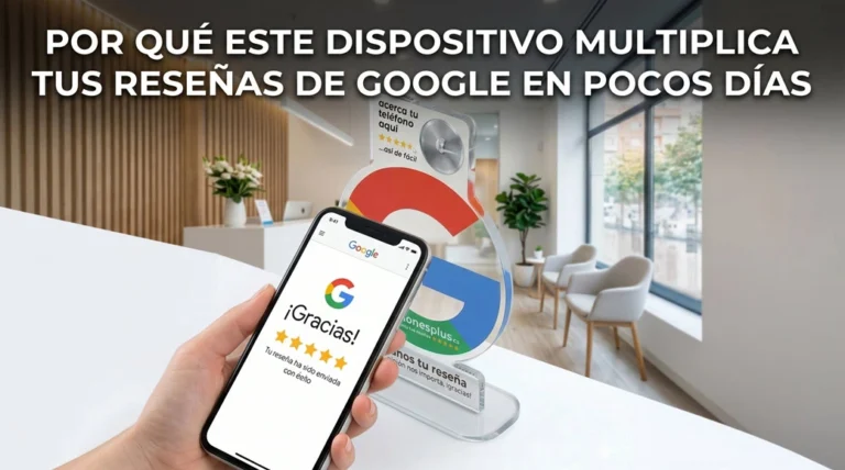 Primer plano de una mano sosteniendo un smartphone que muestra una confirmación de reseña de Google My Business junto a un dispositivo NFC de metacrilato en una recepción.