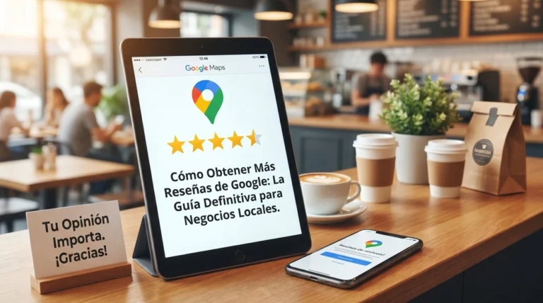 Una tablet en el mostrador de una cafetería mostrando el logo de Google Maps y el título de una guía educativa sobre cómo conseguir valoraciones.
