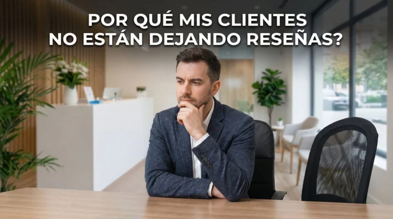 ¿Por qué mis clientes no dejan reseñas?. Un empresario preocupado y pensativo sentado en un escritorio de oficina, con texto superpuesto planteando la pregunta de por qué faltan reseñas. Google My Business
