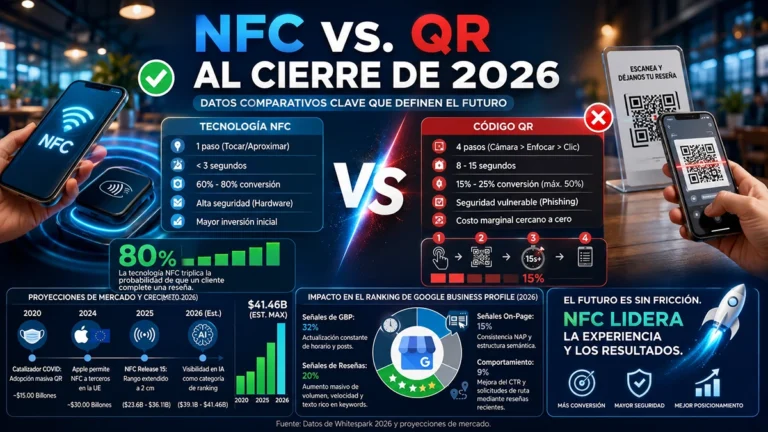 Infografía comparativa entre tecnología NFC y código QR al cierre de 2026, detallando tasas de conversión, pasos de uso, impacto en el ranking de Google My Business y proyecciones de mercado.