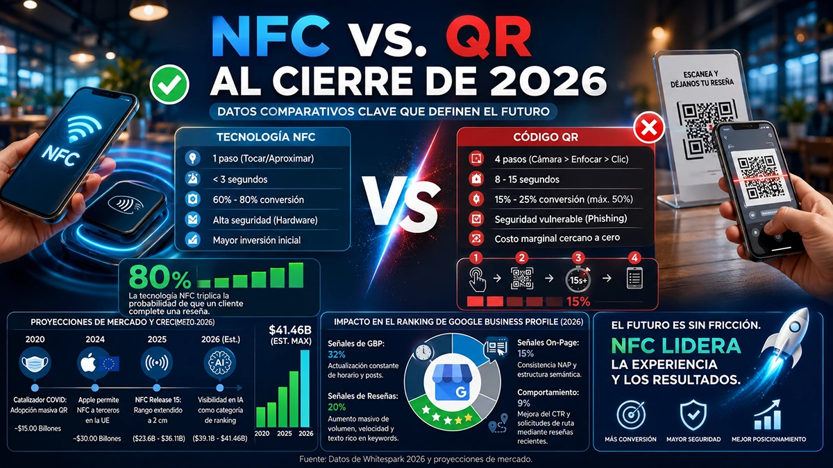 Infografía comparativa entre tecnología NFC y código QR al cierre de 2026, detallando tasas de conversión, pasos de uso, impacto en el ranking de Google My Business y proyecciones de mercado.