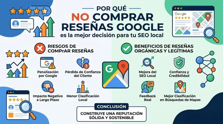 Infografía detallada que explica por qué no comprar reseñas en Google My Business, comparando los riesgos de penalización con los beneficios del SEO local orgánico.
