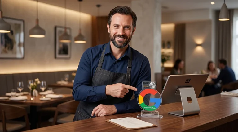 Empresario hostelero sonriente en un restaurante mostrando una placa NFC premium de Opiniones Plus sobre la barra para conseguir reseñas en Google Business.
