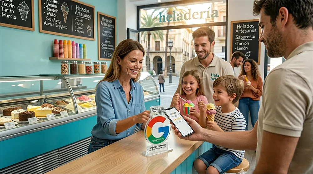 Clientes felices en el mostrador de una heladería artesanal utilizando un smartphone junto al dispositivo NFC de OpinionesPlus para dejar reseñas de Google My Business para hostelería.